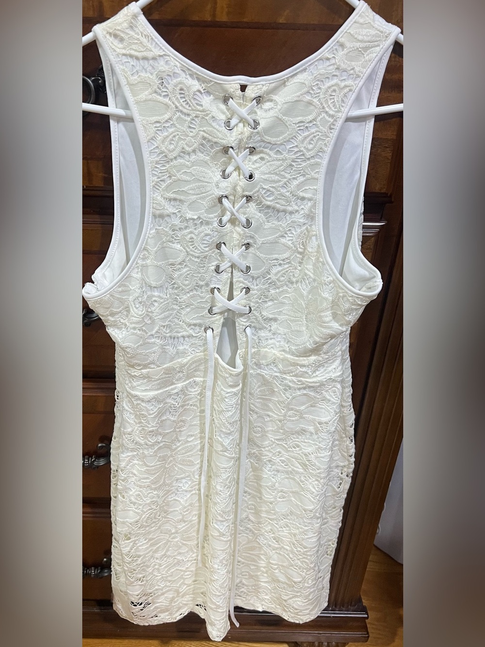 Material Girl White Lace Backless Corset-Style Dress